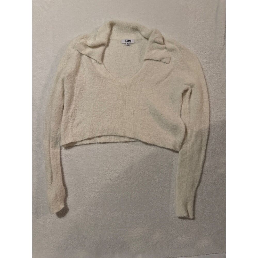525 America Women's XS Ivory Fuzzy Eyelash Knit Cropped Polo Sweater V-Neck